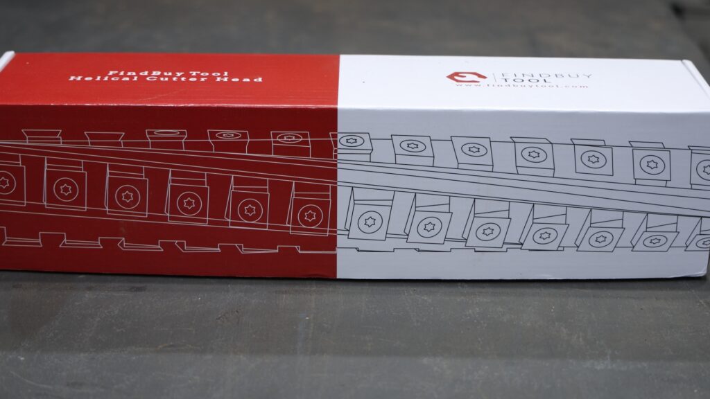 FindBuyTool helical cutter head packaging box with line art illustration of the cutter head.
