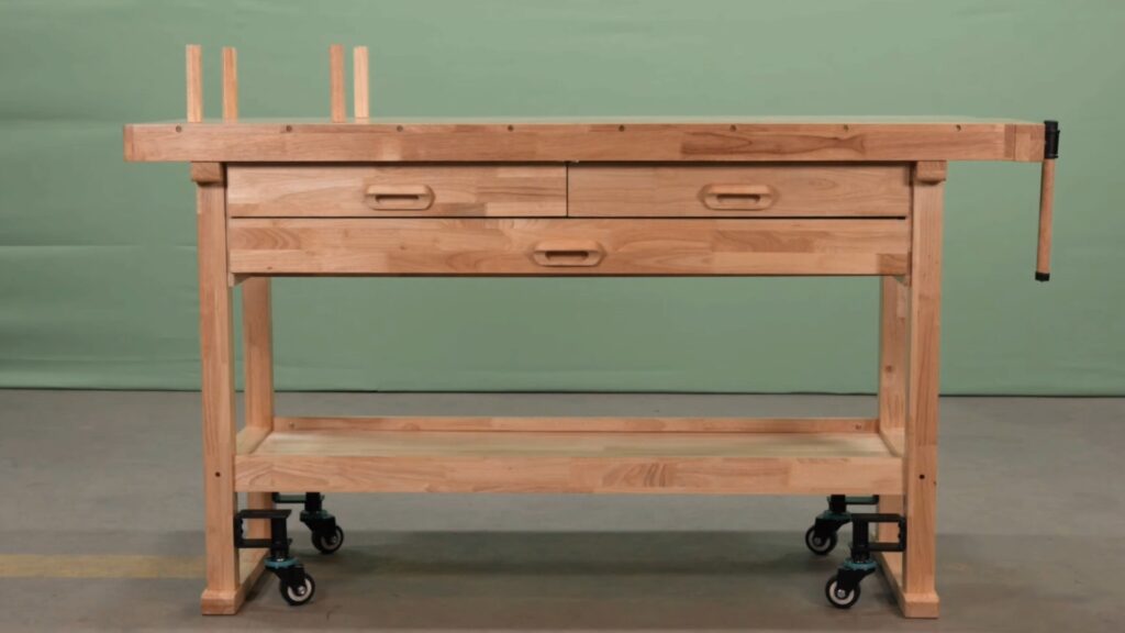 Bennington Smart Casters mounted inside a hardwood workbench frame.