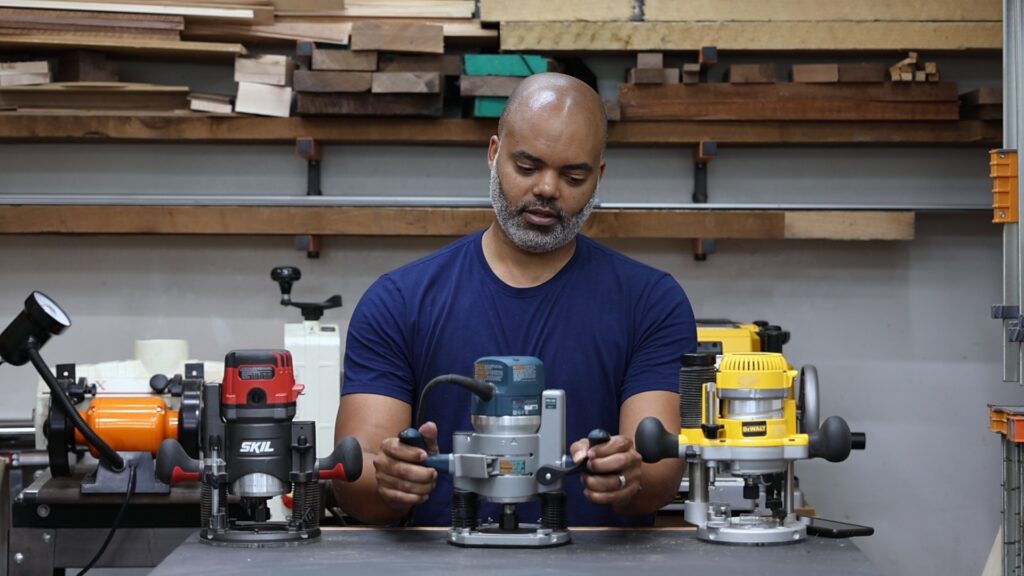 Bosch 1617EVSPK plunge base on workbench with visible depth gauge.