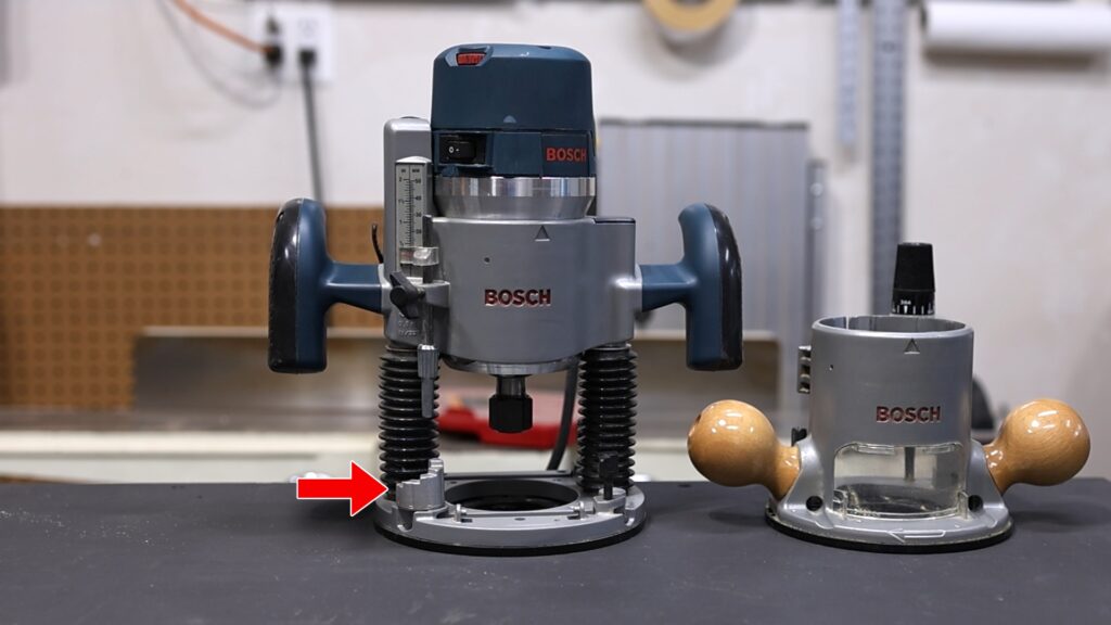 Bosch router turret stop set for 1/8-inch depth increments on plunge base.