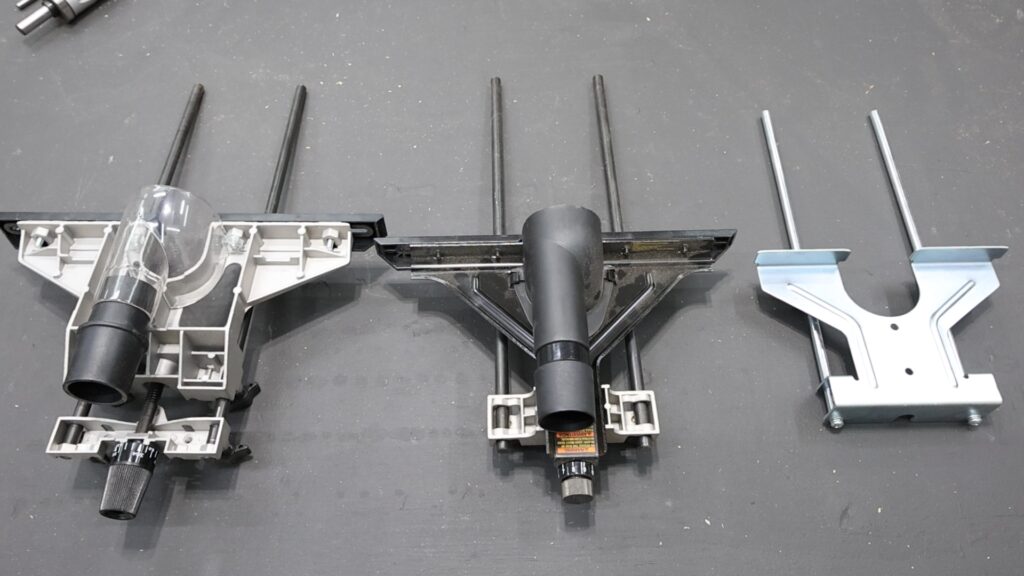 Edge guides from Bosch, DeWalt, and SKIL routers laid out side by side.