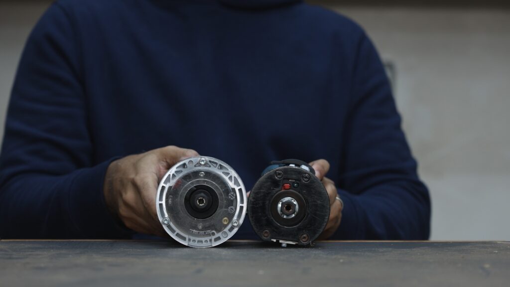 Bosch GKF18V-25 base compared to a larger corded Bosch router base