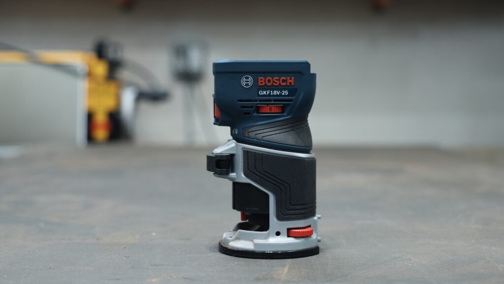 Bosch GKF18V-25 cordless trim router on workbench