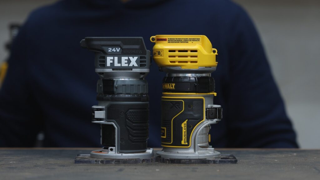 Flex FX4221 and DeWalt cordless trim routers compared side by side