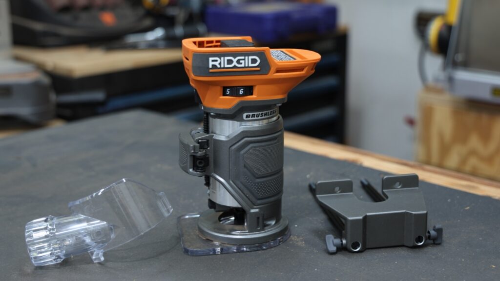 Ridgid 18V cordless trim router accessories including bases and dust chute