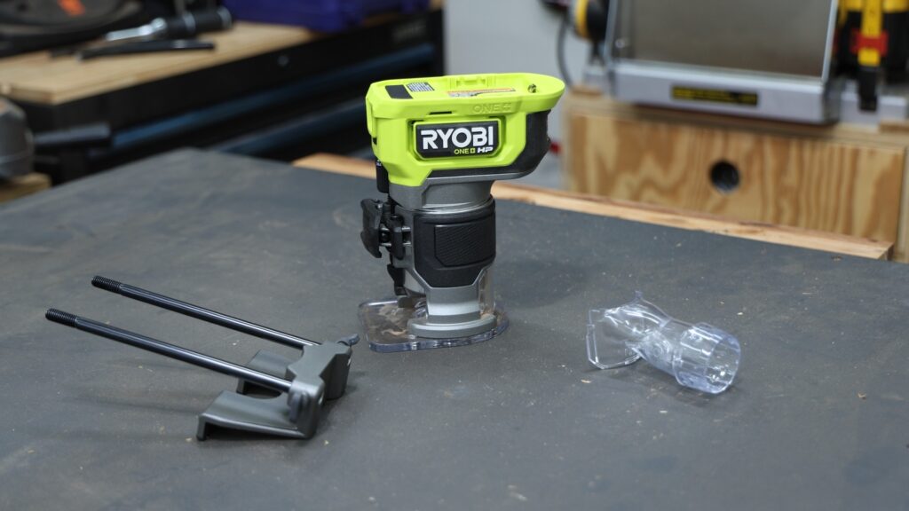 Ryobi ONE+ HP 18V cordless trim router accessories including edge guide and dust chute